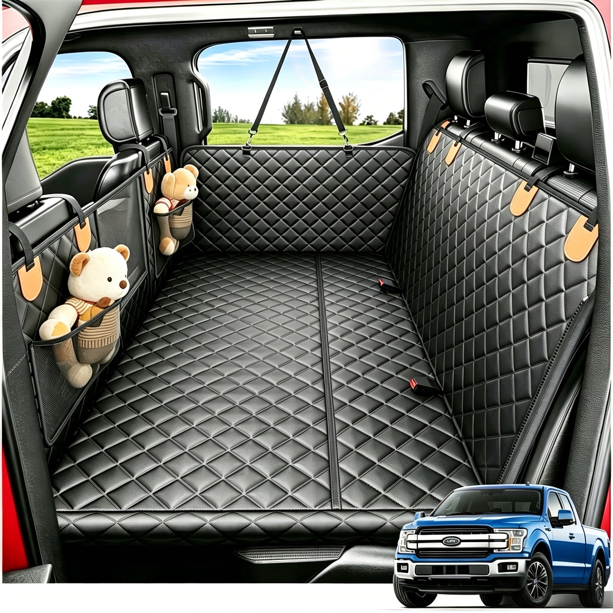 Dog Car Seat Cover with Hard Bottom Back Seat Extender, Holds 400 lbs – Dog Hammock Car Bed with Mesh Window & Storage Pockets for Cars, SUVs, Trucks, and All Breeds