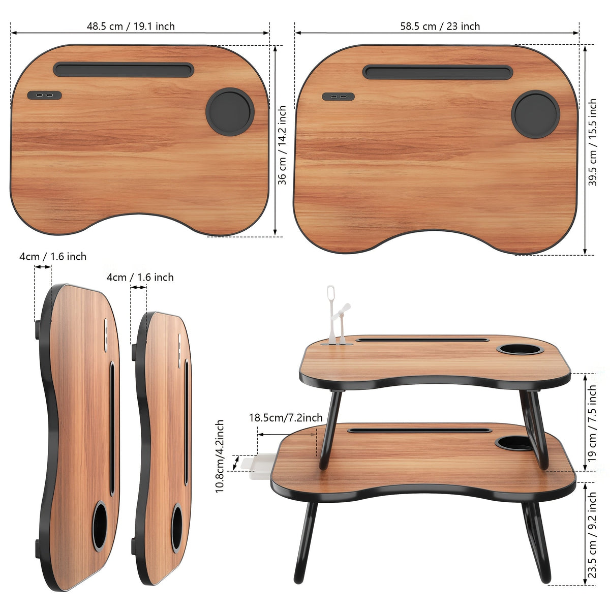 Laptop Desk with USB Port, Storage Drawer & Cup Holder – Walnut Wood Bed Tray Table for Eating, Writing, Sofa, Couch, Adults, and Students
