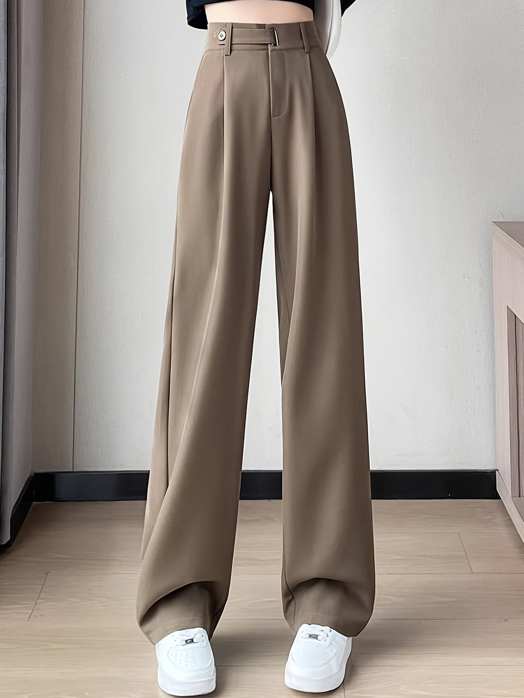 Women's High-Waist Wide-Leg Suit Pants, Draped Straight-Leg Trousers, Slim Fit Workwear, Belt-Free, Office Casual, Spring/Summer/Autumn, Black/Grey/Apricot/Champagne/Wheat, S-XXL