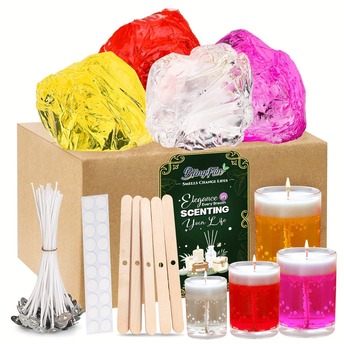 BlingFun Gel Candle Making Kit 400g Clear Jelly Wax, 4 Colors, 20pcs Wicks, 20pcs Stickers, 5pcs Wick Holders, DIY Scented Candle Kit for Home Decor, Craft Projects, and Beginner Candle Supplies