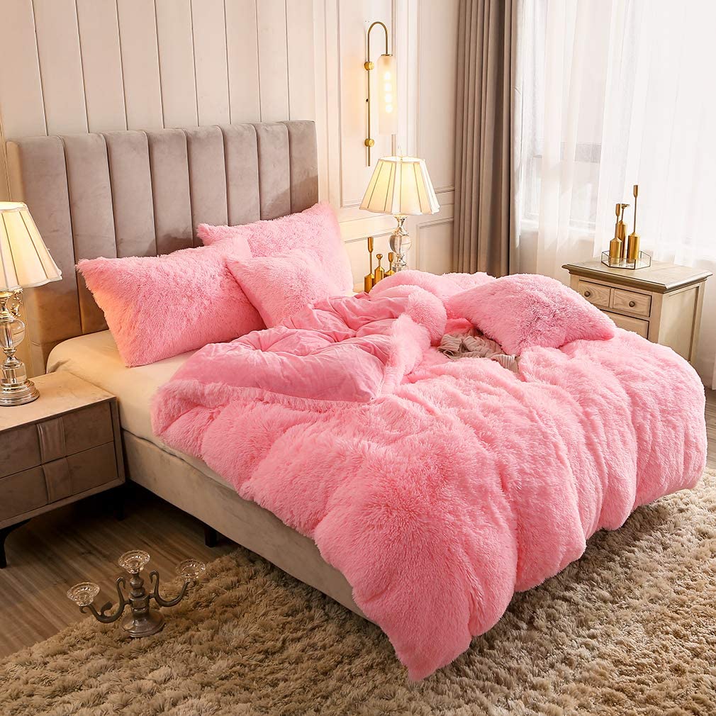 Plush Duvet Cover Set 3 Piece, Long Hair Knitted Polyester, Solid Color Fuzzy Comforter Cover with Zipper Closure, All-Season Soft Cozy Bedding Set for Bedroom, Multiple Colors Available