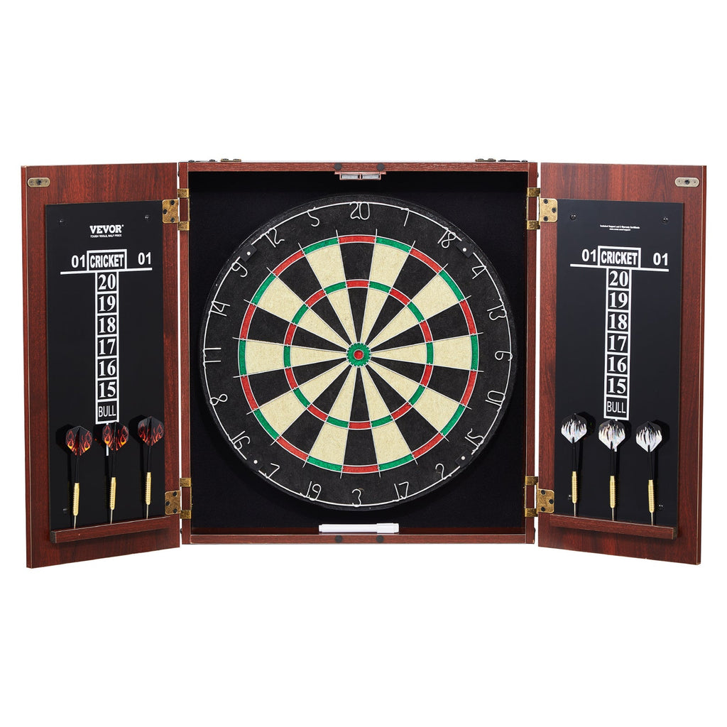 Dartboard Cabinet Set with 18" Self-Healing Sisal Board, 6 Steel Tip Darts, Scoreboard, Retro Woodgrain Cabinet, Staple-Free Bullseye, Complete Accessories Included, for Home Game Room Bar