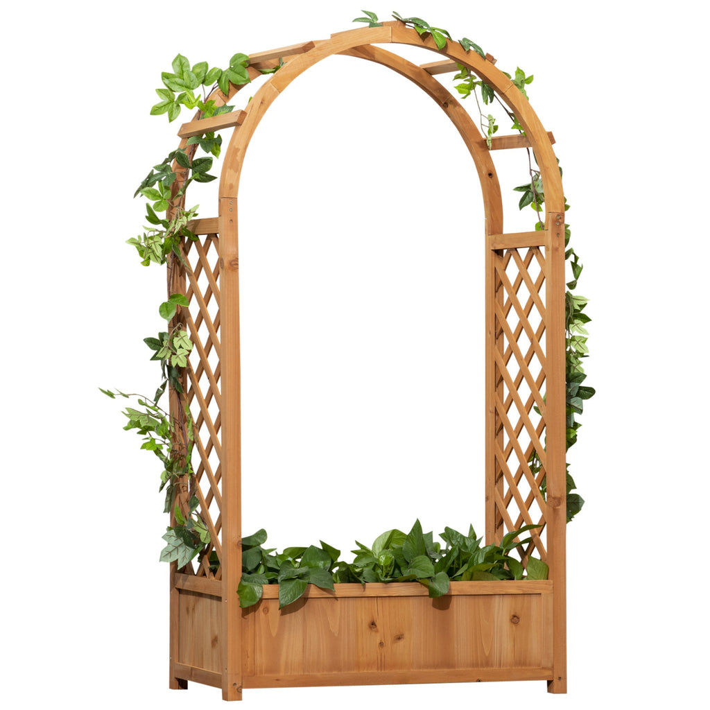 Raised Garden Bed with Arch Trellis Fir Wood Freestanding Planter Box with Lattice Side Drainage Holes for Climbing Plants Flowers Herbs Vegetables Patio Outdoor Brown