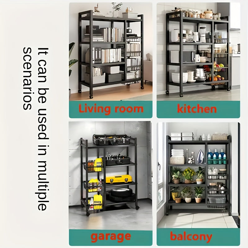 4-Tier Rolling Storage Rack with Wire Baskets & Wheels – Adjustable Metal Shelf for Kitchen, Pantry, Garage, Bathroom, and Closet, Movable Standing Organizer, Housewarming Gift