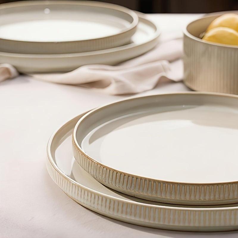 12-Piece Stoneware Dinnerware Set for 4 – Reactive Glaze Raised Stripe 10" Dinner Plates 8" Salad Plates & 5.5" Cereal Bowls Microwave & Dishwasher Safe in Cappuccino & Vanilla White