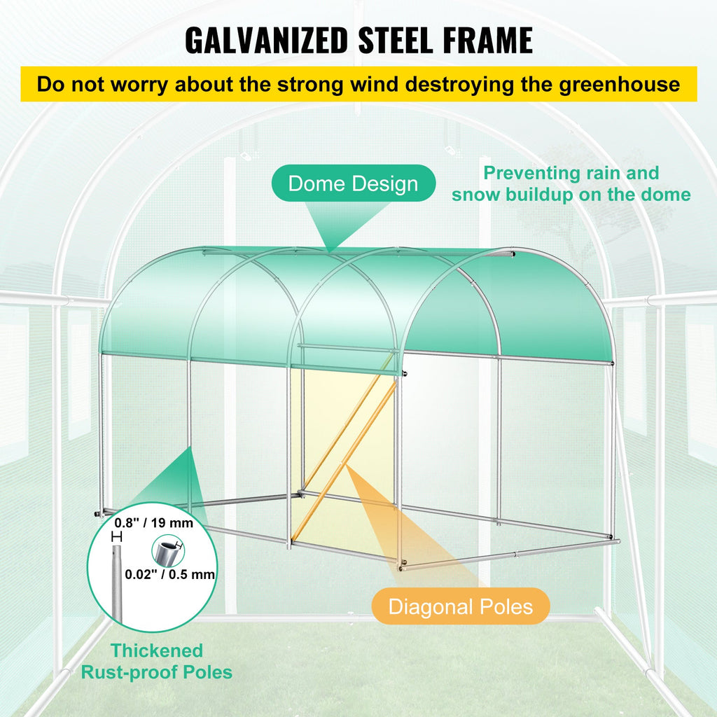 Walk-In Tunnel Greenhouse, 10x7x7 Ft, 0.8" Galvanized Steel Hoops, Top Beam & Diagonal Poles, Zippered Door, 6 Roll-Up Mesh Windows, Waterproof PE Cover, Stakes & Ropes Included, Green