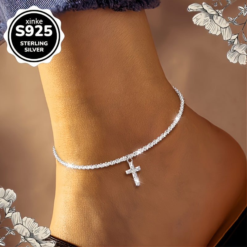 S925 Sterling Silver Cross Anklet for Women – Dazzling Synthetic Diamond Accents, Bohemian Beach & Vacation Jewelry, Casual Outfit Accessory, Perfect Gift for Valentine's Day & Mother's Day