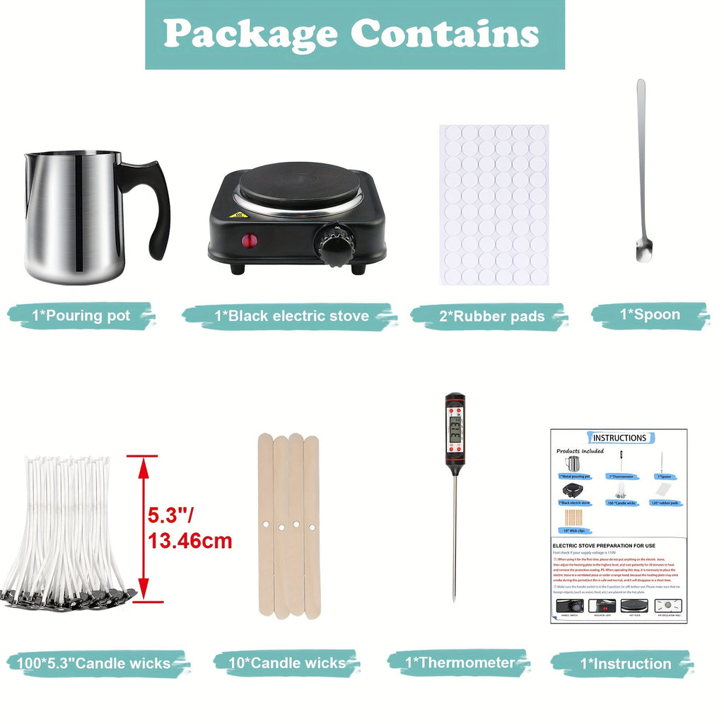 Complete DIY Candle Making Kit with Electric Wax Melter, Thermometer, 30oz Pouring Pot, Spoon, Cotton Wicks, All-in-One Starter Set for Adults and Beginners, Stainless Steel 110V Homemade Candle Supplies