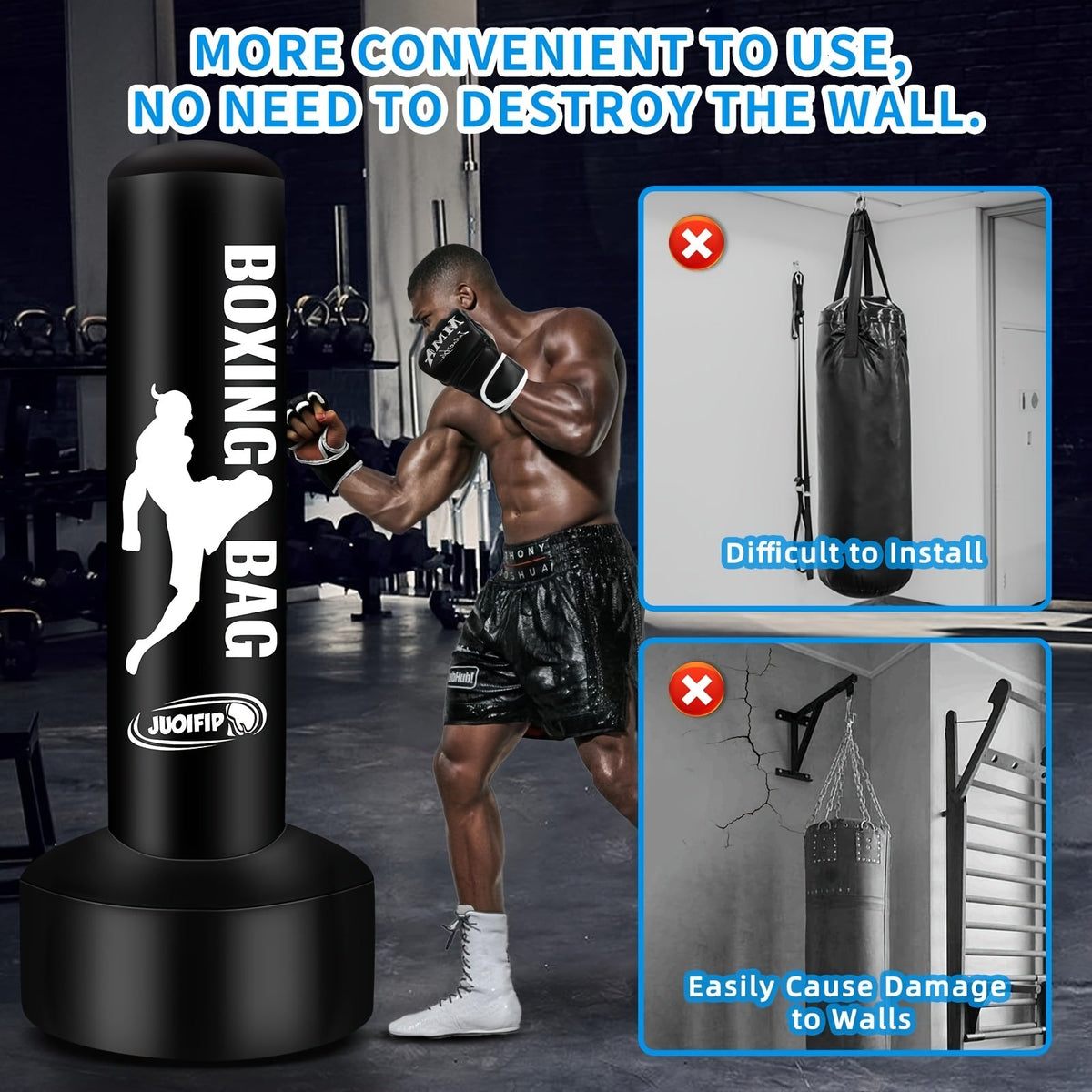 68-Inch Freestanding Inflatable Punching Bag with Stand Pump & Gloves for Adults MMA Kickboxing Muay Thai & Boxing Training Home Gym – Black