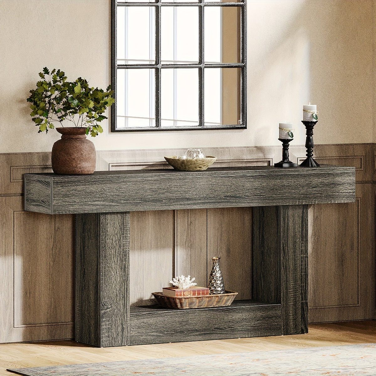 Farmhouse Console Table with U-Shaped Base & Bottom Shelf, Rustic MDF Entryway Table for Living Room Hallway Foyer Corridor, Country Style Sofa Table with Storage, Durable Modern Rustic Decor