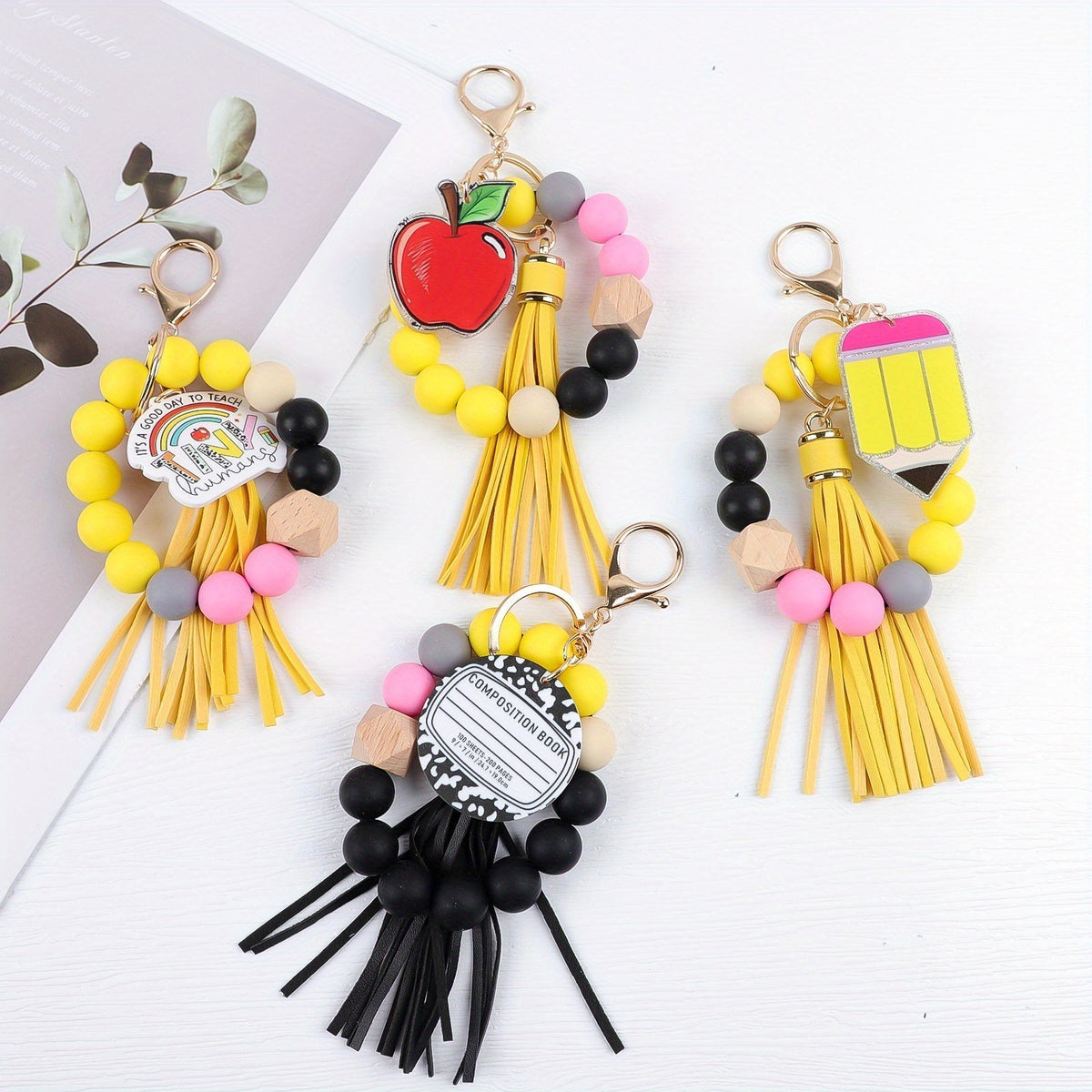 4-Piece Teacher Beaded Keychain Gift Set – Handmade Pencil, Apple, Notebook, and TEACH Charm Keychains with Lobster Clasp, Perfect for Teacher's Day, Graduation, Back to School, or Bag Decoration