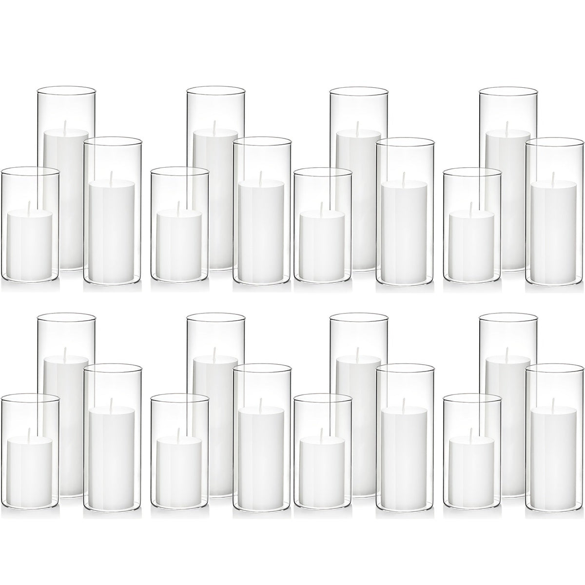 White Pillar Candles with Clear Glass Hurricane Holders Cylinder Candle Vases Set for Wedding Centerpiece Party Table Decor Home Office 23 24 or 48 Pieces