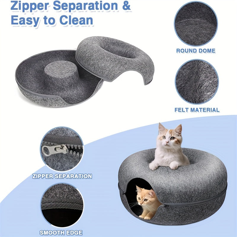 猫隧道床室内藏身处 - 甜甜圈猫窝四季通用折叠式猫隧道，带洞口，适合室内猫咪，柔软毛绒材质，深灰色与浅灰色，有20英寸和24英寸可选，理想的猫咪礼物