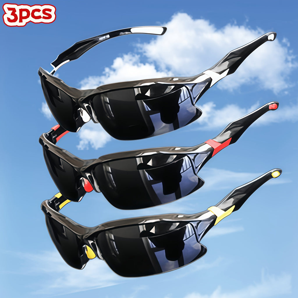 3 Pack Polarized Sunglasses UV400 Protection Unisex Outdoor Sports Eyewear for Cycling, Running, Fishing, Driving, and Golf, Lightweight Frame with Anti-Glare Lenses - Black, Yellow, and Red Set