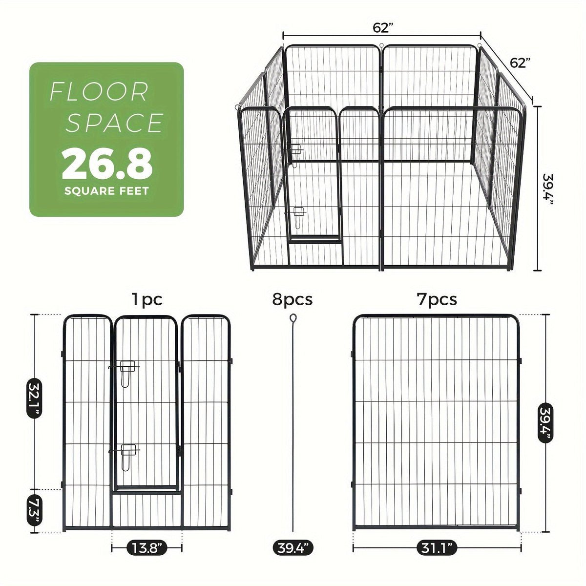 Dog Playpen 8 or 16 Panel DIY Metal Kennel with Door for Large, Medium, and Small Dogs – 24, 32, 40 Inch Indoor/Outdoor Puppy Pen, Easy to Assemble & Move