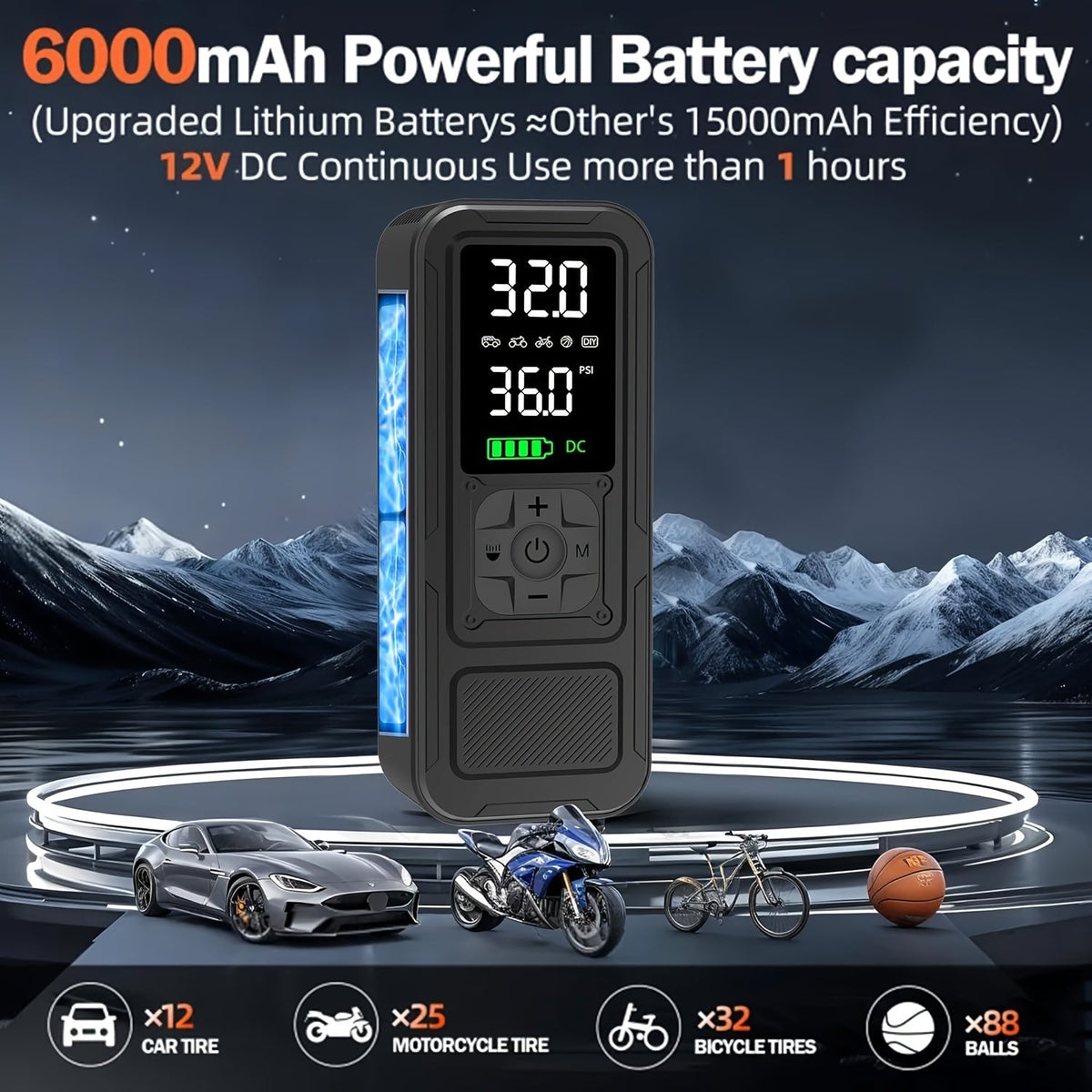 Portable Cordless Tire Inflator, 160PSI Air Compressor with Digital Pressure Gauge and LED Light, 8X Faster Inflation for Cars, Motorcycles, Bikes, and Balls - Rechargeable Electric Air Pump