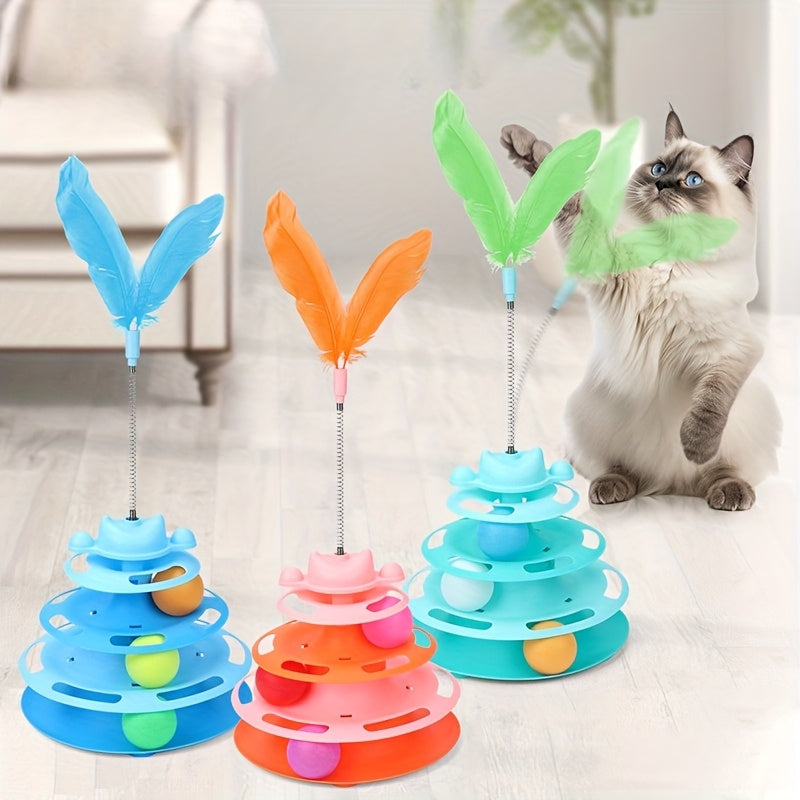 Feather Cat Carousel Toy with Rotating Rolling Ball - Interactive Spinning Turntable Teasing Toy for Indoor Cats, Self-Entertainment Boredom Buster Cat Gift, No Battery Required, Available in Light Green, Blue, and Pink