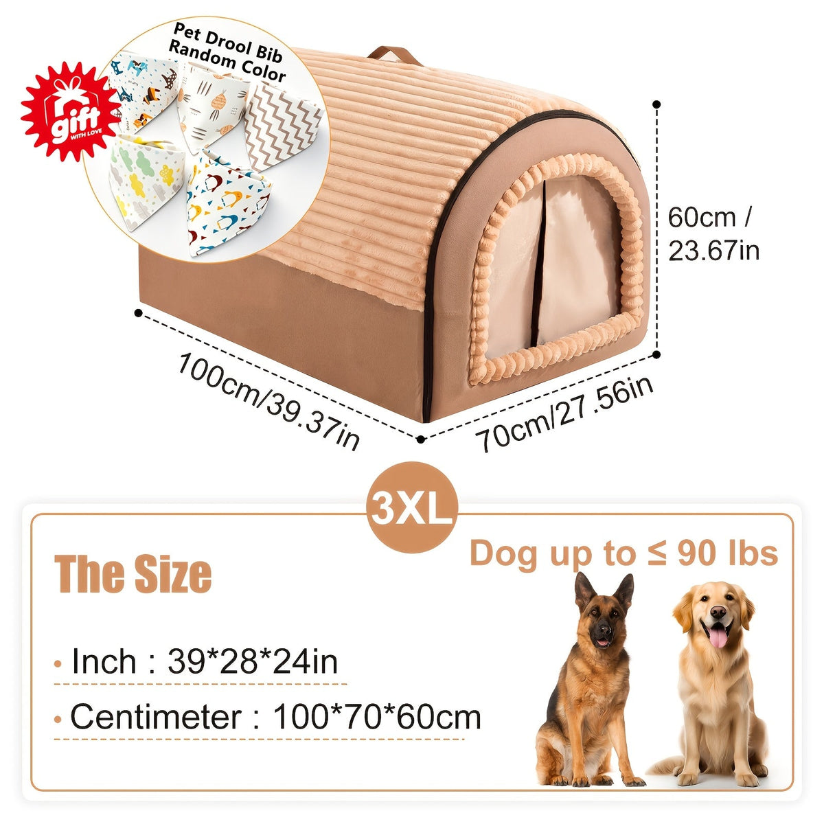 Foldable 2-in-1 All-Season Cave Dog Bed – Fully Enclosed Covered Pet House with Handle, Soft Fluffy Non-Slip Washable Nest for Large, Medium & Small Dogs and Cats – Free Drool Bib – Velora