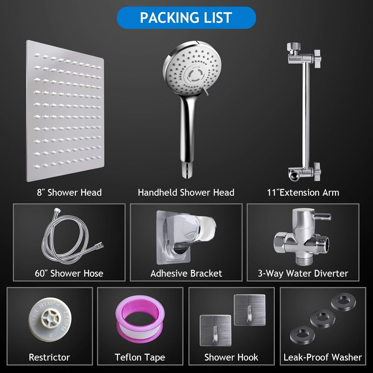 High Pressure Rainfall Handheld Shower Head Combo with 11-Inch Adjustable Extension Arm, 9 Settings, Anti-Leak Design, Chrome and Matte Black Finish