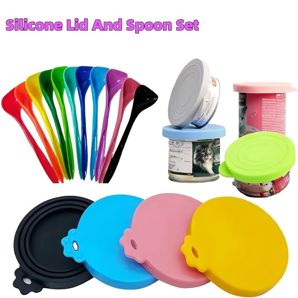 6-Piece Silicone Pet Food Can Lid and Spoon Set - Universal 3-Size Fit, Reusable Airtight Covers for Dog & Cat Wet Food, BPA-Free Feeding Spoon Combo, Random Colors
