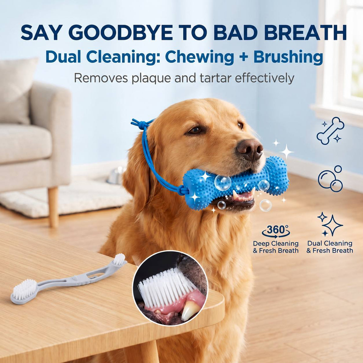 Dog Teething Chew Stick and Teeth Cleaning Brush Set 2-Pack - Durable Chewable Dog Toothbrush with Mouth-Open Strap for Easy Brushing, Dual-Purpose Dental Care Toy for Dogs, Random Color