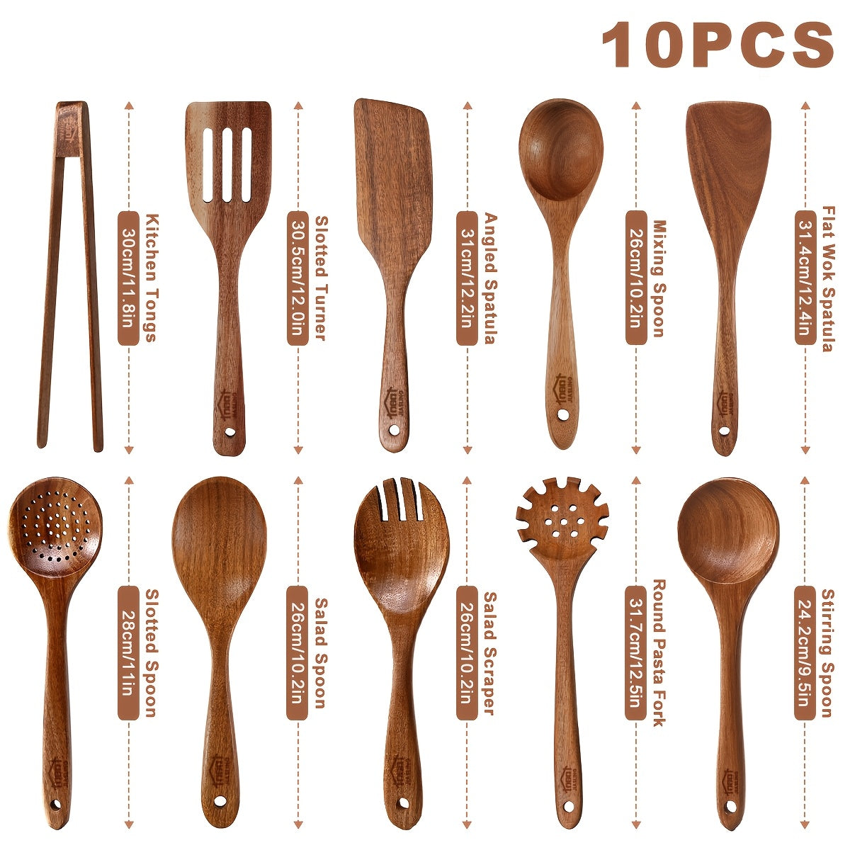 10-Piece Natural Teak Wooden Kitchen Utensils Set - Cooking Spoons, Spatulas & Turner, Non-Stick Safe, Heat Resistant, Eco-Friendly Wood Cookware Tools for Home Kitchen