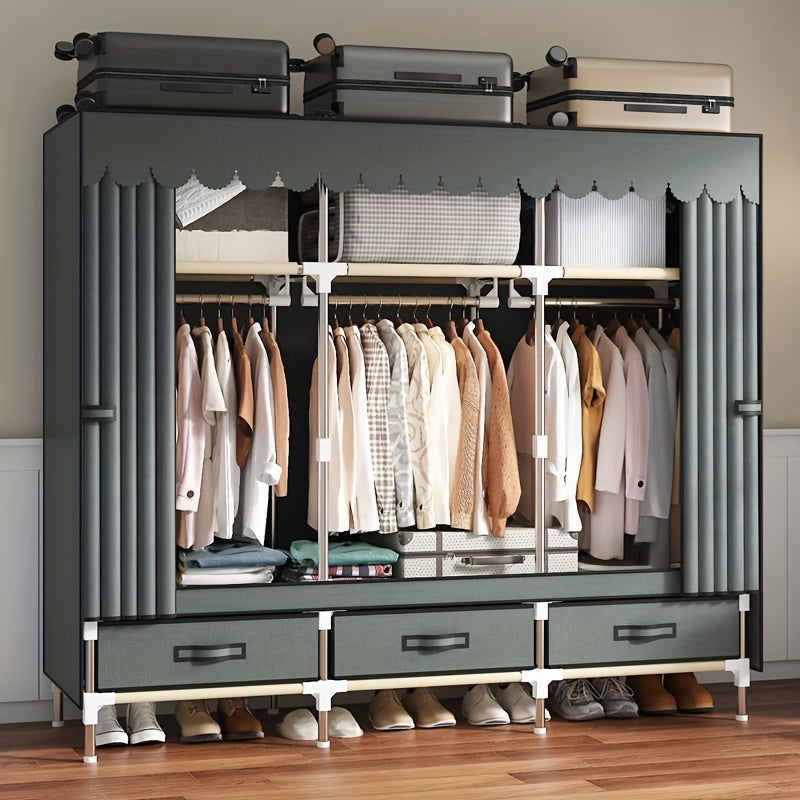 Freestanding Fabric Wardrobe with Curtain Sliding Door – 3 Hanging Rods & Rail Portable Closet Storage Organizer for Bedroom Study in Gray Jacquard & Magpie