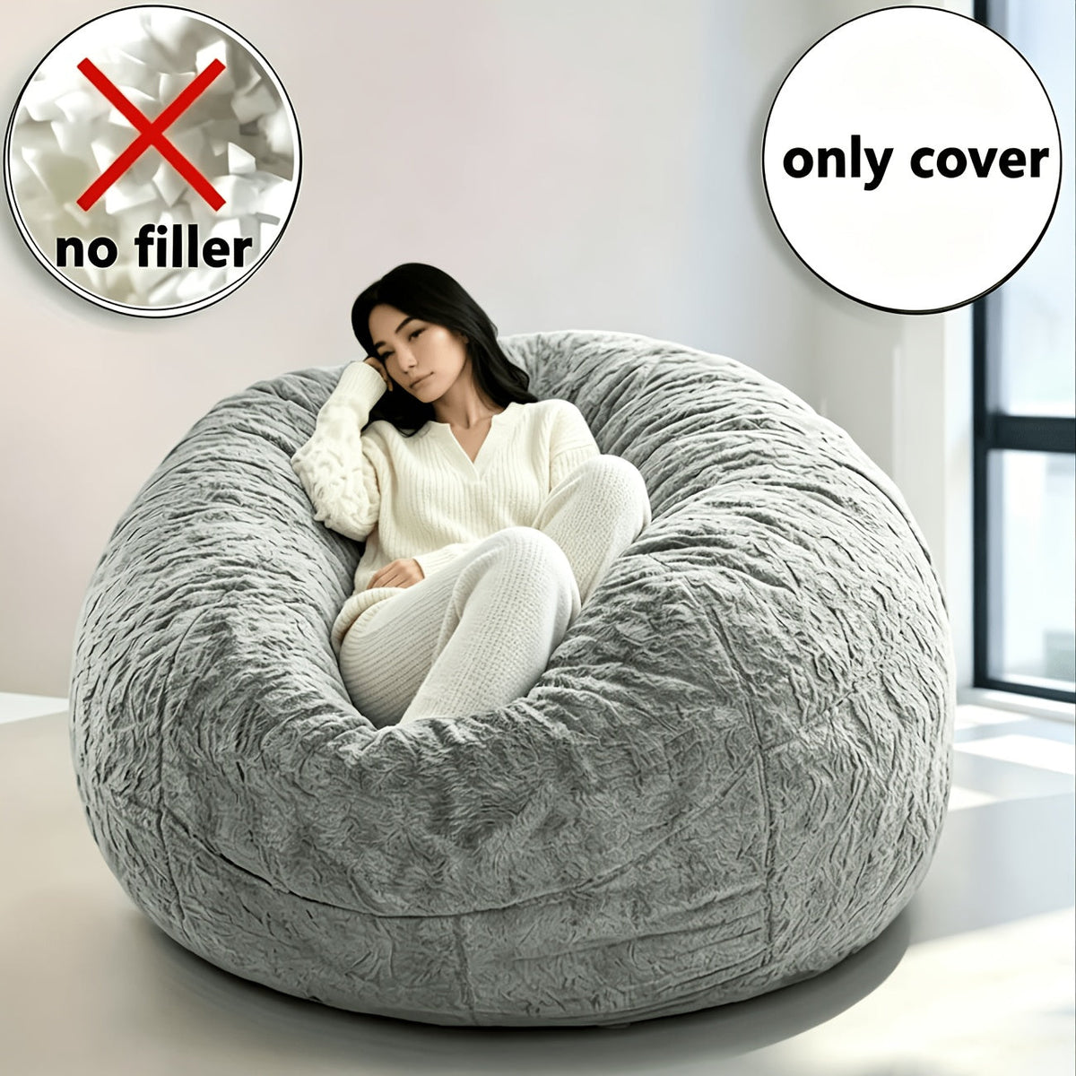 Large Round Bean Bag Bed Cover - Machine Washable, Soft Lazy Sofa Cover for Adults, No Filler Included - Living Room, Dorm & Bedroom - Light Grey, Black, Blue & Brown