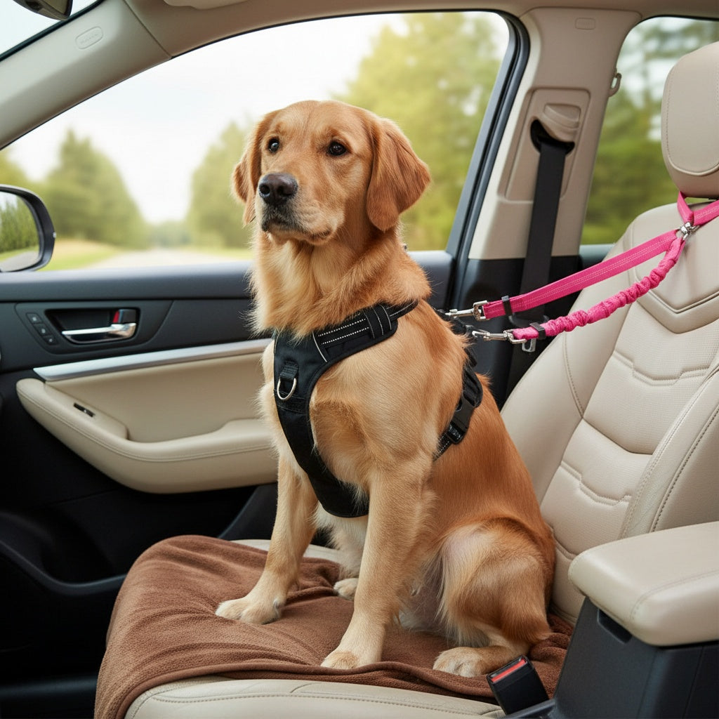 Dual Dog Car Seat Belt for 2 Dogs, No-Tangle Headrest Restraint, Adjustable Bungee Pet Safety Harness for Small, Medium, and Large Dogs for Car Travel