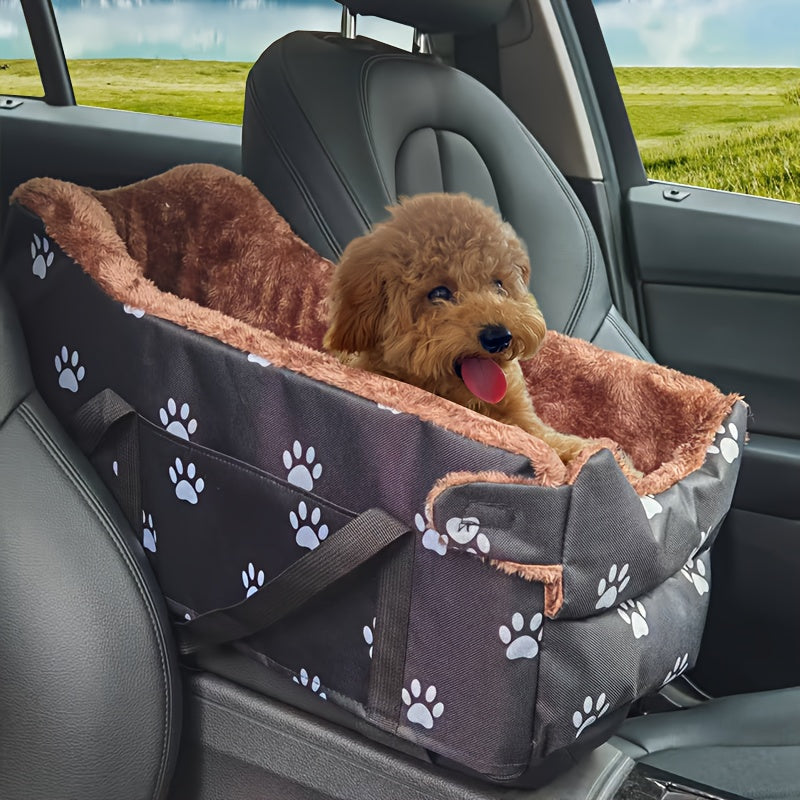 Pet Car Armrest Console Nest - Portable Back-Mounted Small Dog and Cat Car Seat Bed, Center Console Pet Nest with Paw Print Design, Cozy Travel Companion for Small Pets, Black & Grey Footprints
