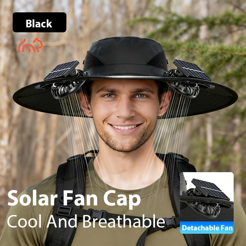 Solar Fan Sun Hat with USB Charging & Dual Fans, Adjustable Strap Breathable Cooling Hat for Outdoor Camping, Fishing, Hiking & Sports - High Airflow, Long Battery Life - Black, Dark Gray, Khaki, Camo
