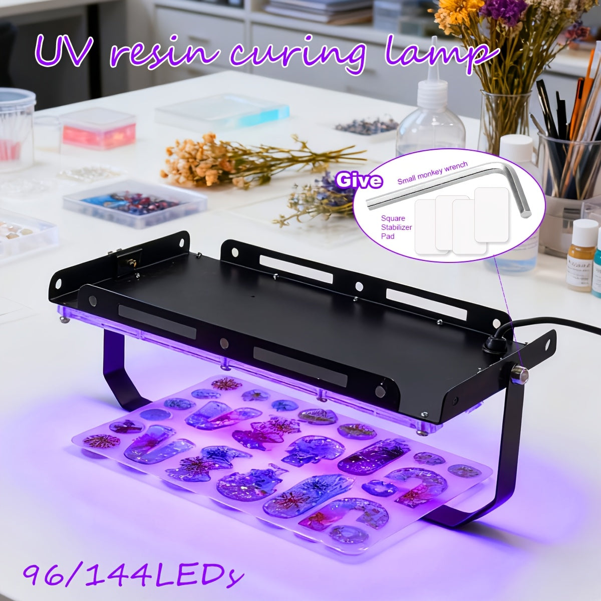 Professional UV LED Resin Curing Lamp, 96 or 144 LEDs, High Power, USB Plug and Play for DIY Jewelry Making, Epoxy Resin Hardening, Mold Curing, Dark Violet