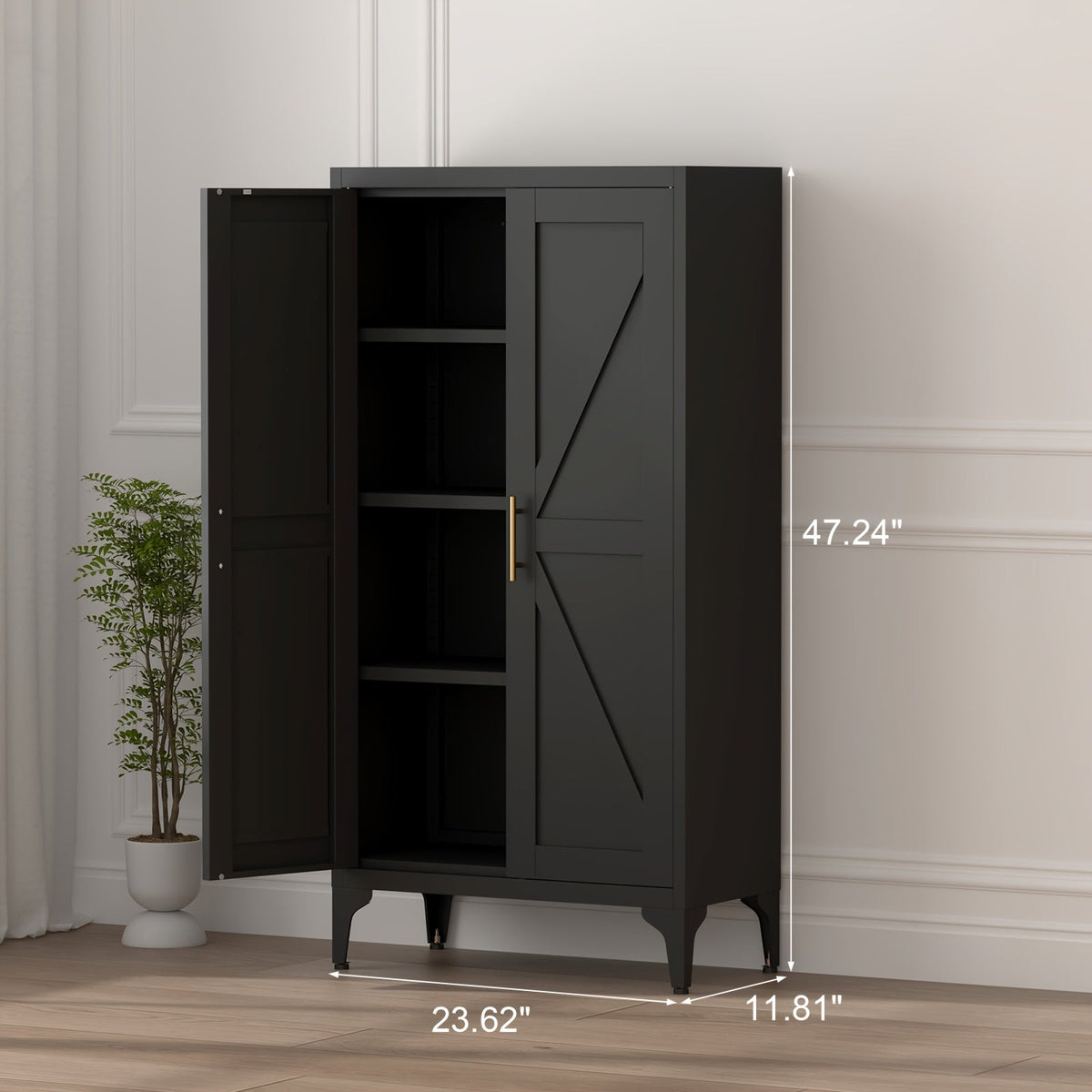 Tall Metal Kitchen Pantry Cabinet 47 71 Inch Freestanding Storage Cabinet 4 Adjustable Shelves 180LB per Shelf Magnetic Doors Gold Handles for Kitchen Living Room Bedroom Office Black White