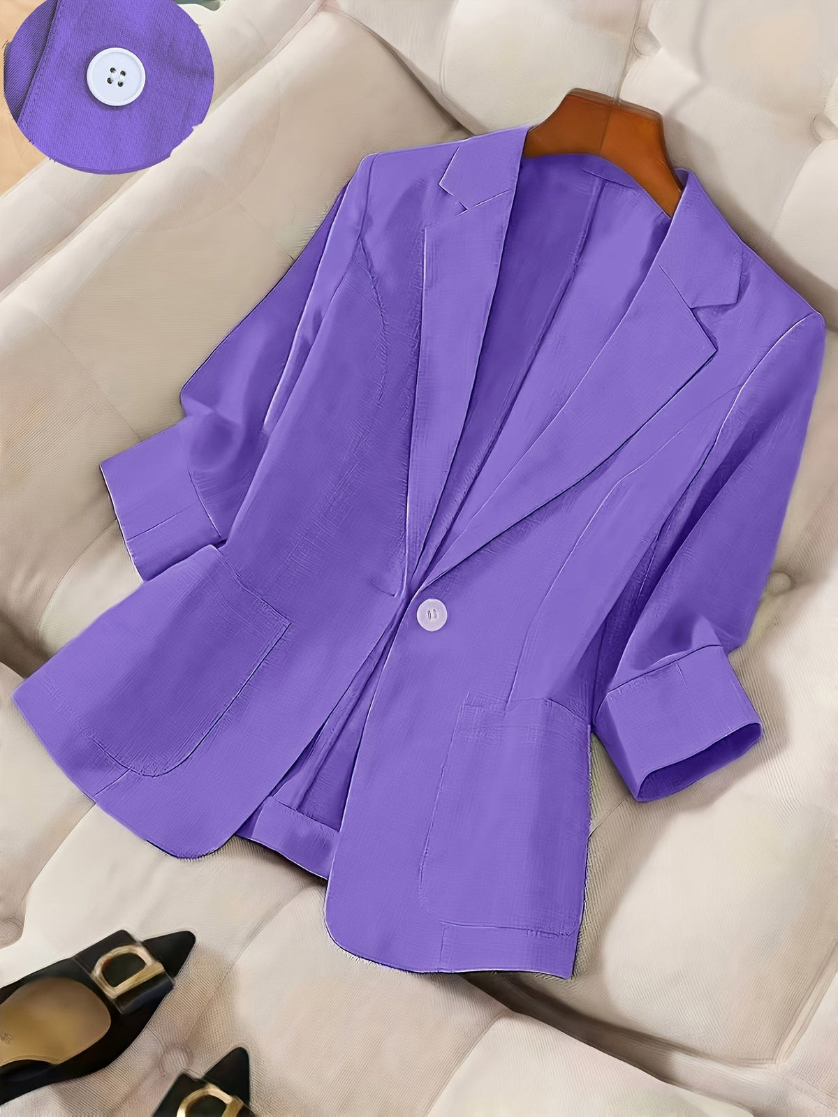 Women's Single-Button 3/4 Sleeve Lightweight Blazer | Elegant Casual Spring/Summer/Fall Outerwear | Professional Solid Color Office Business Suit Jacket S M L XL XXL