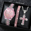 3pcs Women's Fashion Watch and Jewelry Set – Elegant Rhinestone Ring & Bracelet Watch Set, Stylish Gift for Women in Pink, Red, and Silver, Perfect for Birthdays, Valentine's Day, and Anniversaries