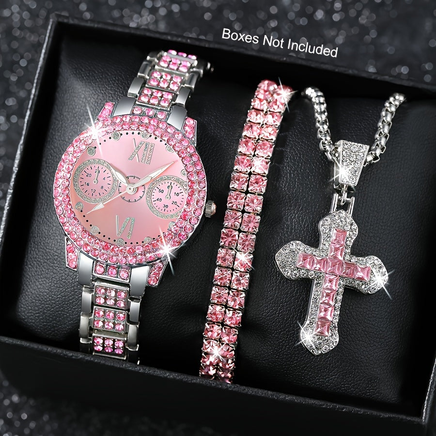 3pcs Women's Fashion Watch and Jewelry Set – Elegant Rhinestone Ring & Bracelet Watch Set, Stylish Gift for Women in Pink, Red, and Silver, Perfect for Birthdays, Valentine's Day, and Anniversaries