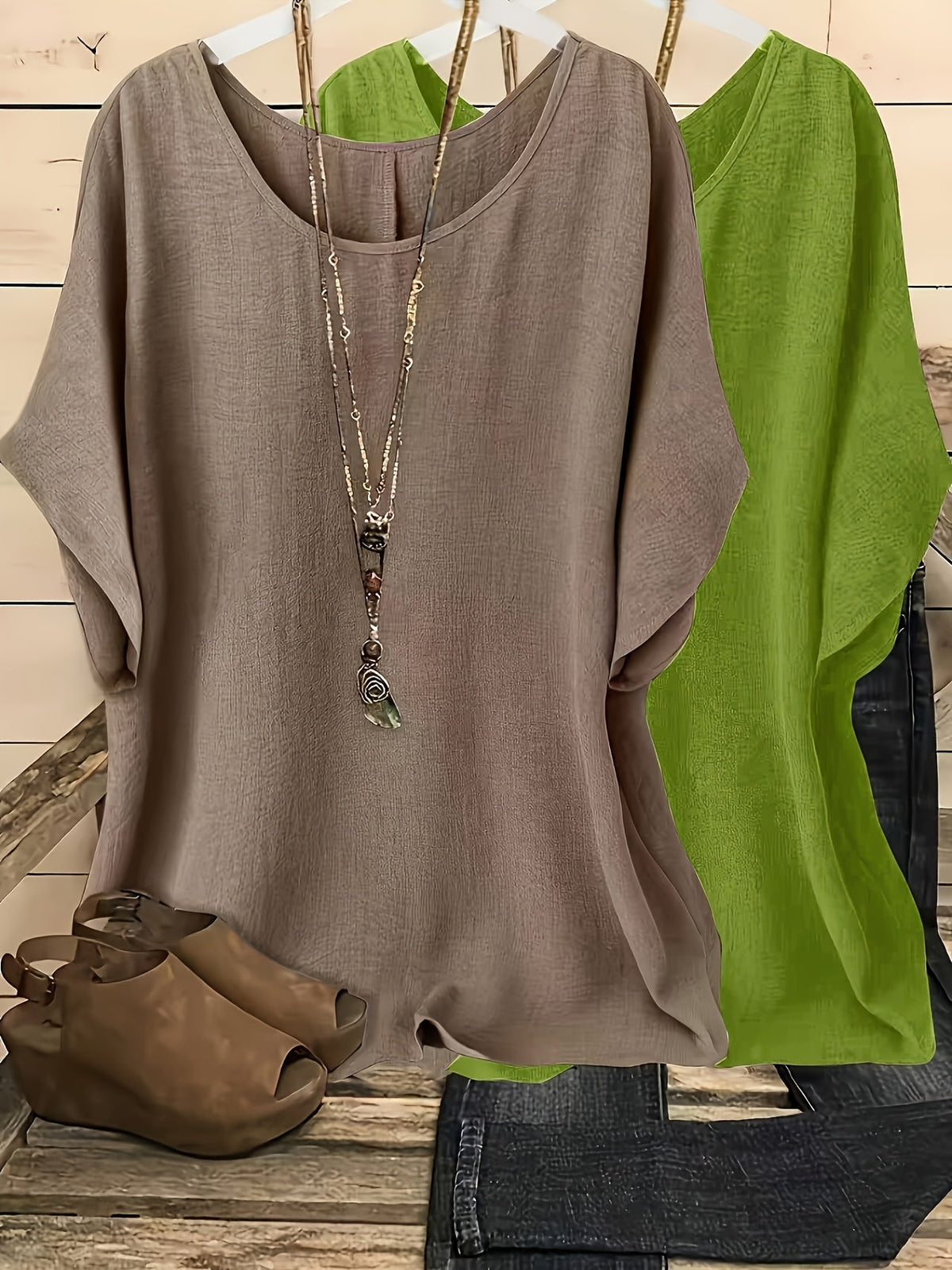 Women's Batwing Sleeve Shirt 2-Piece Set, Casual Vacation Round Neck Solid Color Loose Top, S-XXL, Multiple Colors | US Warehouse Fast Shipping