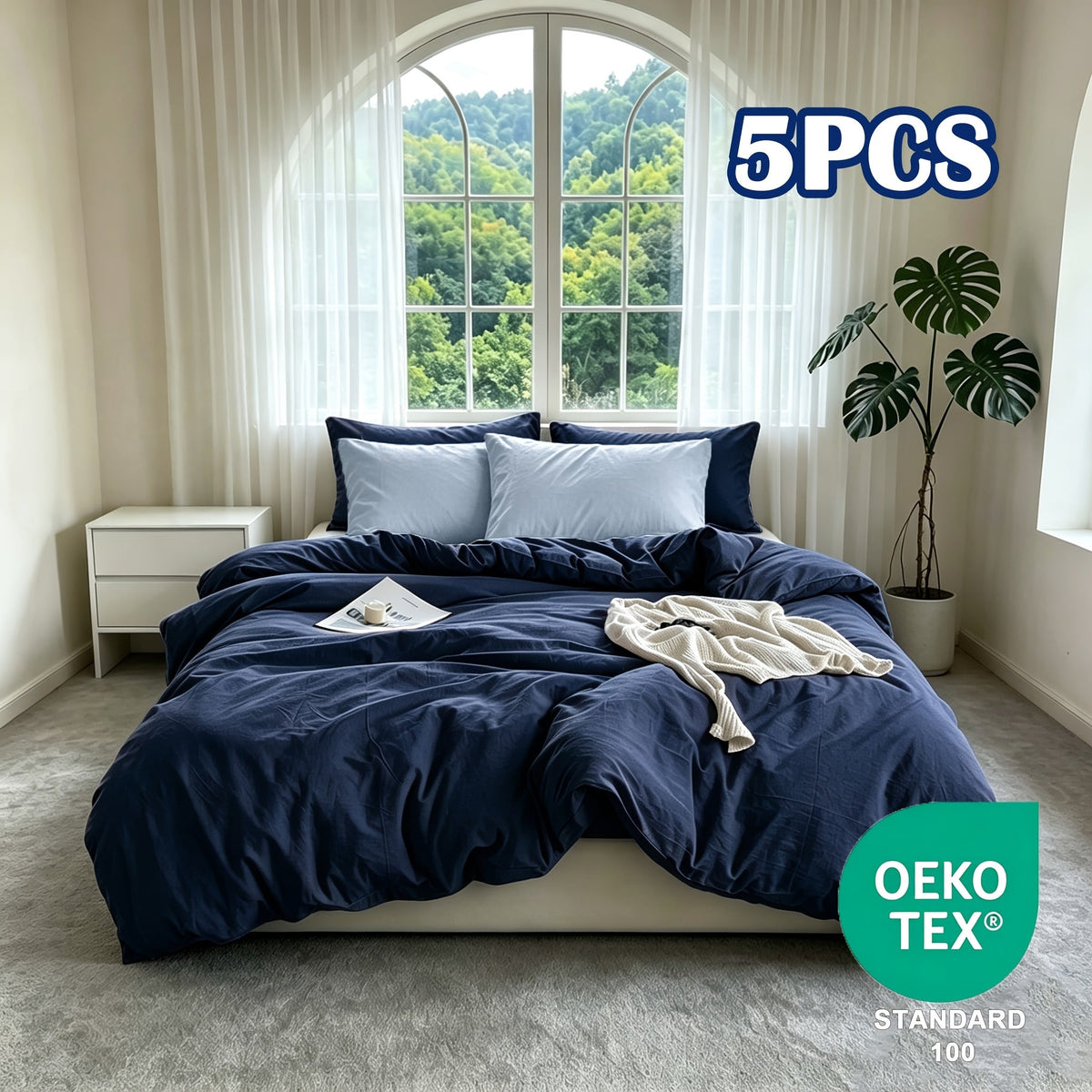 Washed Microfiber Duvet Cover Set 5-Piece, 1 Duvet Cover + 4 Pillowcases, Zipper Closure & Corner Ties, Soft Breathable Bedding Set for Home School Guest Room, No Insert, Multiple Sizes & Colors