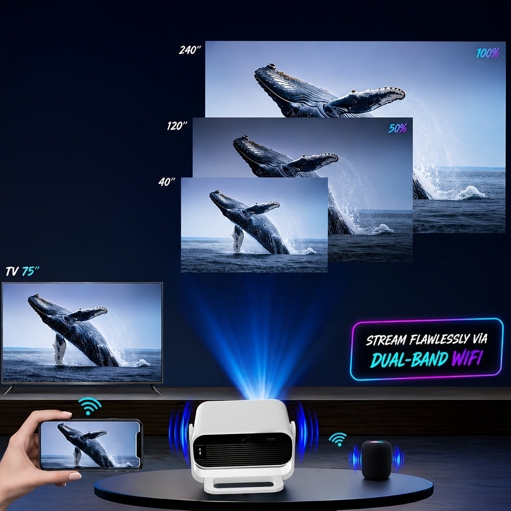 Mini Movie Projector 4K Support Native 1080P – Built-In WiFi 6 & Bluetooth 5.4 Auto Keystone Correction & Zoom for Bedroom Home Theater Outdoor