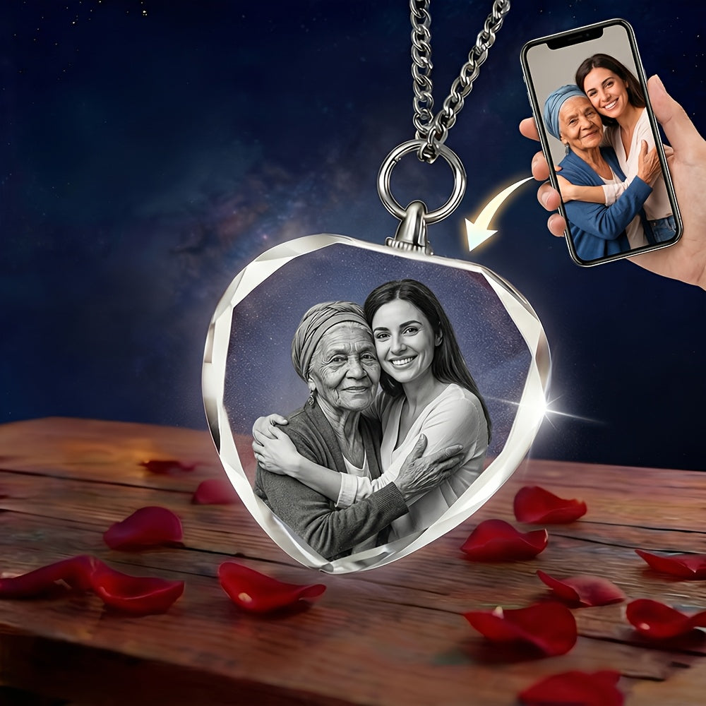 Custom Photo Engraved Crystal Pendant Necklace - Personalized Pet Memorial Keepsake Jewelry for Dog & Cat Lovers, Custom Text & Icon Engraving, Birthday Gift for Wife, Mom, and Pet Owners, Pet Loss Remembrance