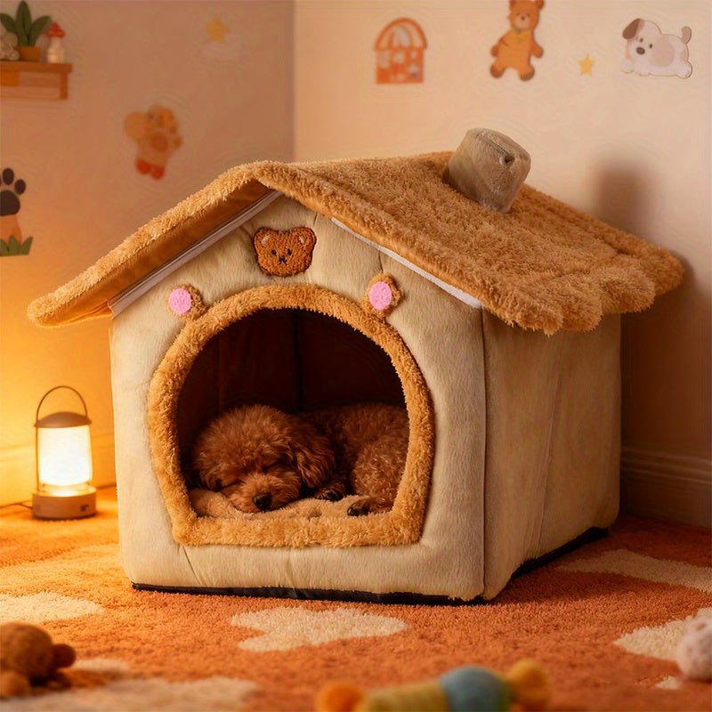 Cute House Dog Bed for Small Dogs - Warm Winter Plush Thick Cushion Pet House Bed for Teddy, Chihuahua, Pomeranian, Bichon, Schnauzer, and Bulldog, Indoor Cozy Sleeping Nest