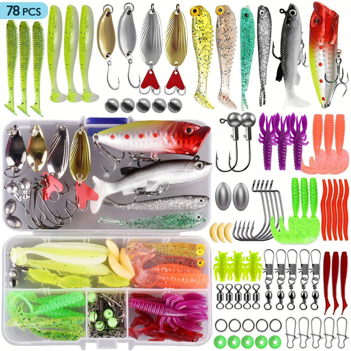 Fishing Lure Kit 78/106/188/361 Piece Freshwater Tackle Box Set, Spoon Lures, Soft Plastic Worms, Hooks & Accessories for Bass, Trout, and Salmon Fishing, Complete Beginner & Pro Fishing Gear Gift