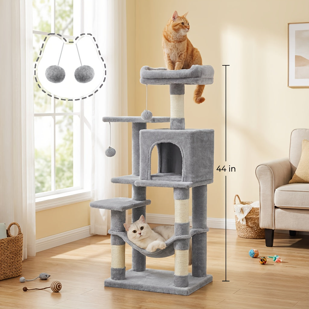 Multi-Level Cat Tree Tower 44-66 Inch with Hammock, Sisal Scratching Posts, Cozy Cave, Perches, and Anti-Tilt Stable Base for Multi-Cat Families, Kittens, and Cats