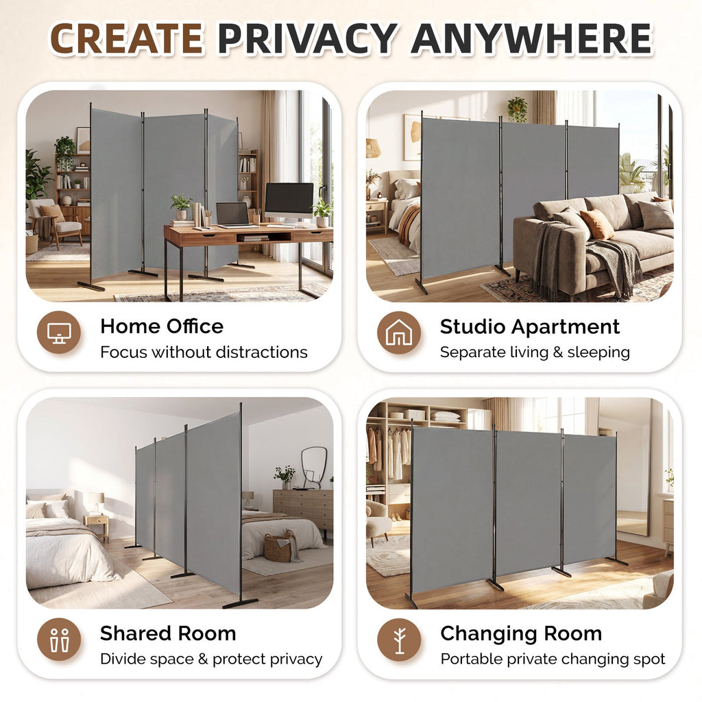 3-Panel Folding Room Divider 72.5" Tall Privacy Screen – Freestanding Portable Partition Wall with Wide Stable Base for Home Office Bedroom Studio Apartment