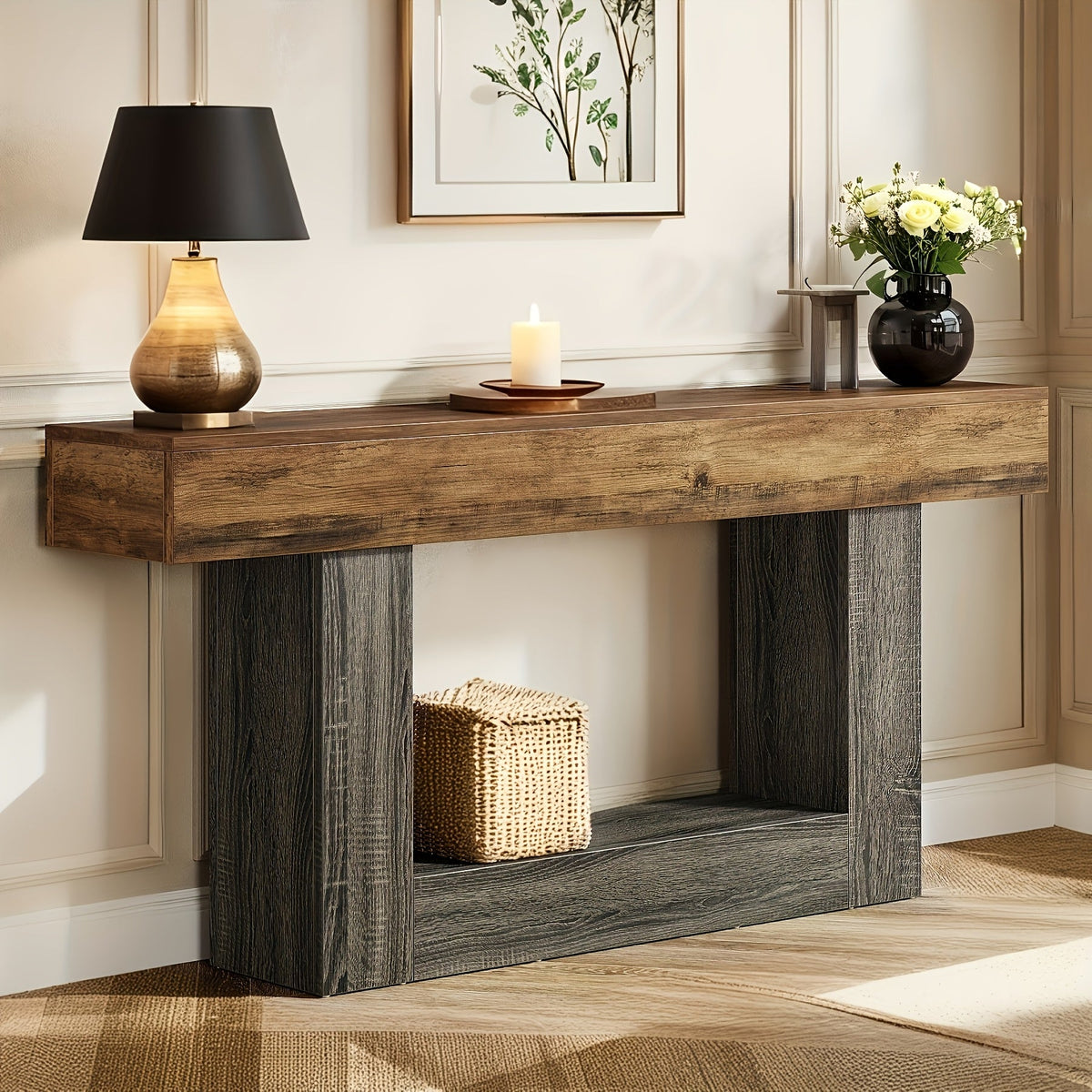 Farmhouse Console Table with U-Shaped Base & Bottom Shelf, Rustic MDF Entryway Table for Living Room Hallway Foyer Corridor, Country Style Sofa Table with Storage, Durable Modern Rustic Decor
