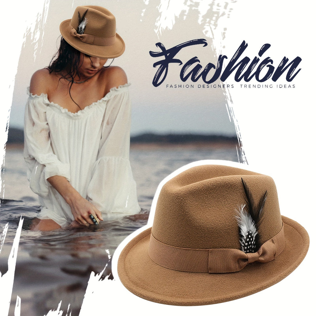 Short Brim Felt Fedora Hat for Men & Women – Classic Feather Panama Dress Hat in 7 Colors (Black, Brown, Navy, Red, Gray, Coffee), Unisex Jazz Cap for Formal, Casual, and Daily Wear