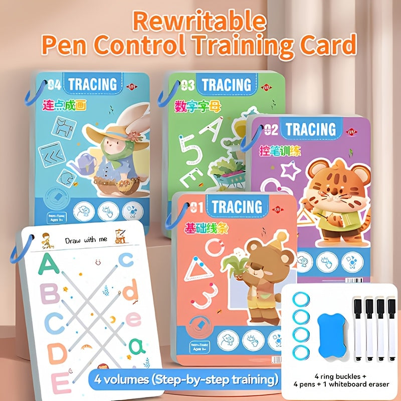 Reusable Handwriting Practice Books for Kids Ages 3-8, 4-Book Set, 128 Pages, Pen Control, Letters, and Numbers Workbook with 4 Pens and Eraser, Homeschool and Classroom Supplies