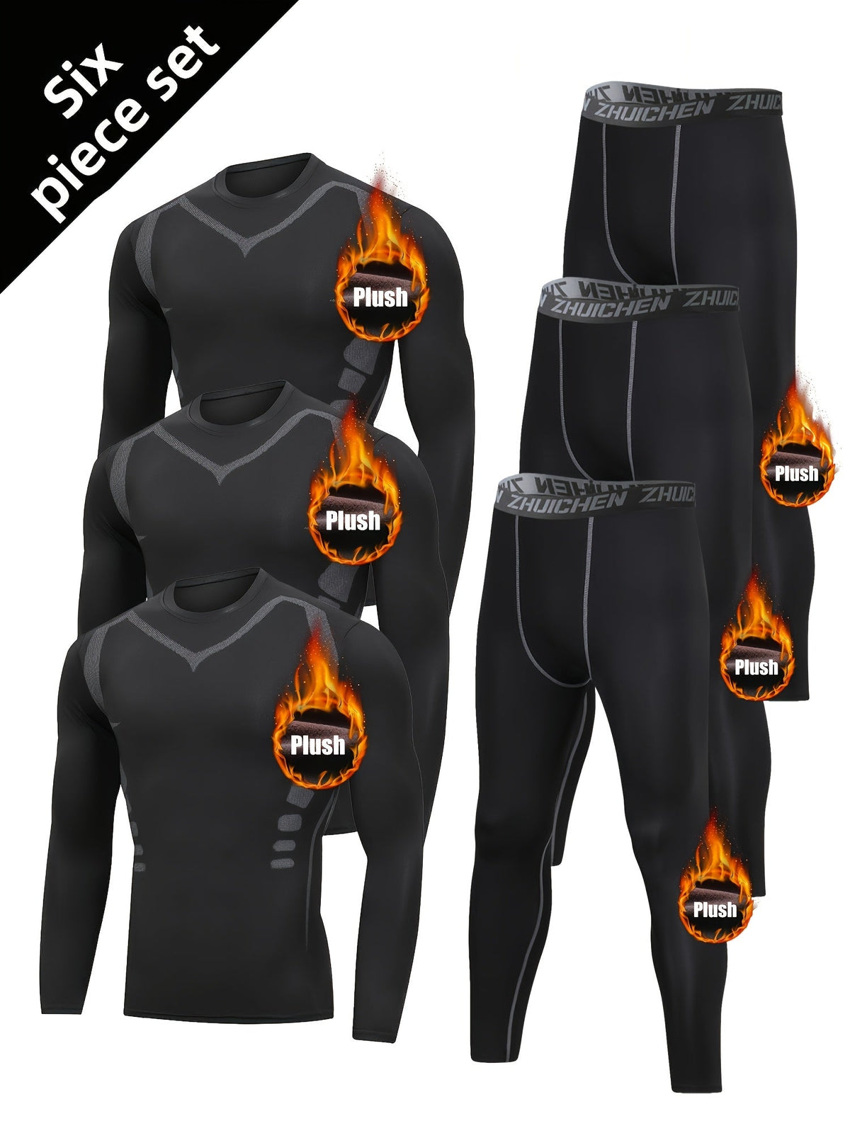 6pcs Men's Thermal Fleece-Lined Sports Underwear Set – Printed Warm Base Layer for Fall/Winter Running, Fitness Training, and Morning & Night Workouts
