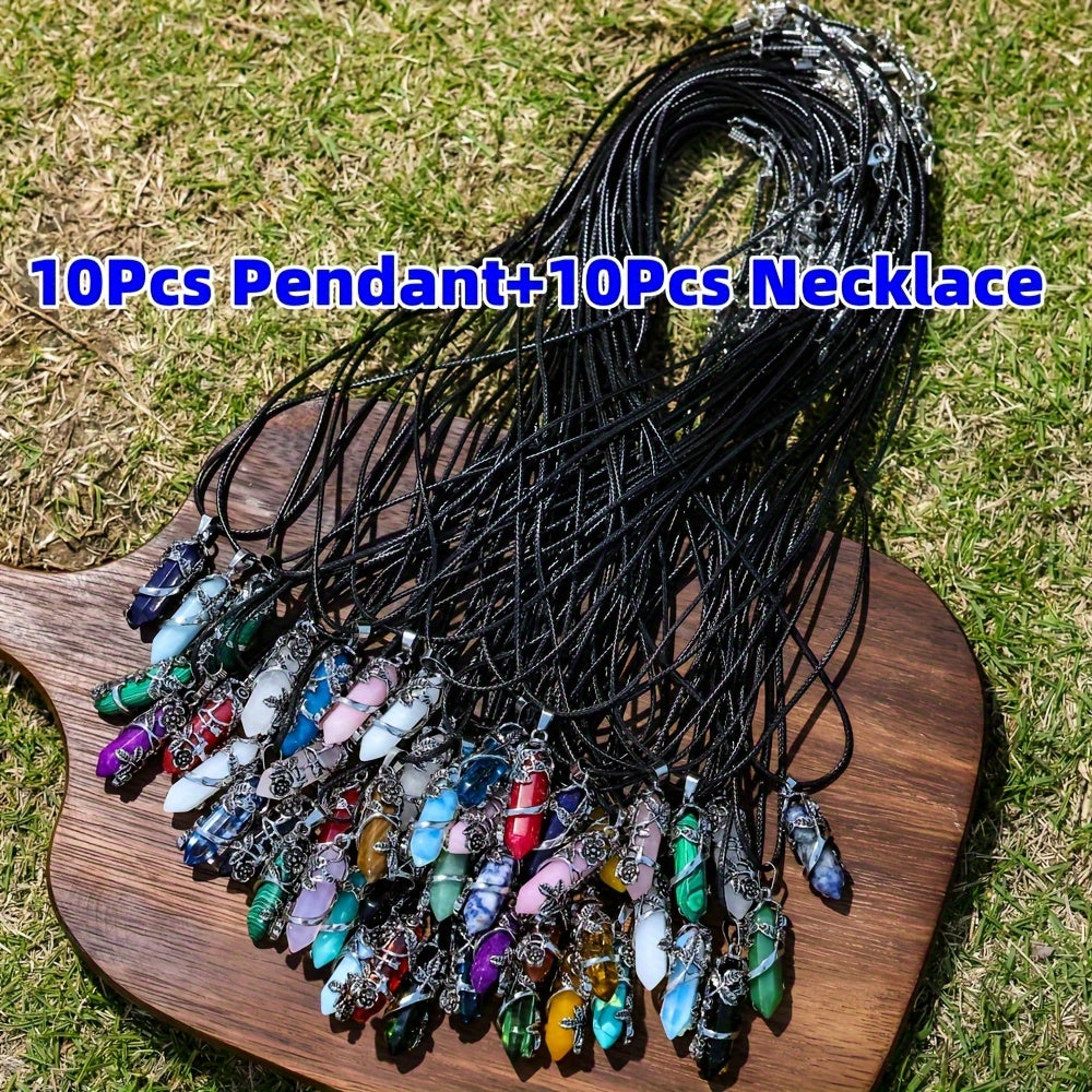 20pcs Natural Stone Hexagon Prism Pendant Necklace DIY Kit, including 10 Wrapped Flower Pendants and 10 Faux Leather Ropes, Boho Handmade Jewelry Casual Accessories Gift