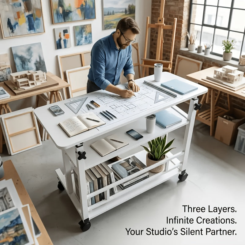 3-Tier Rolling Folding Desk with Wheels, Height-Adjustable and Expandable Desktop, Storage Shelf for Laptop, Study, Home Office, Bedroom, Living Room Computer Table